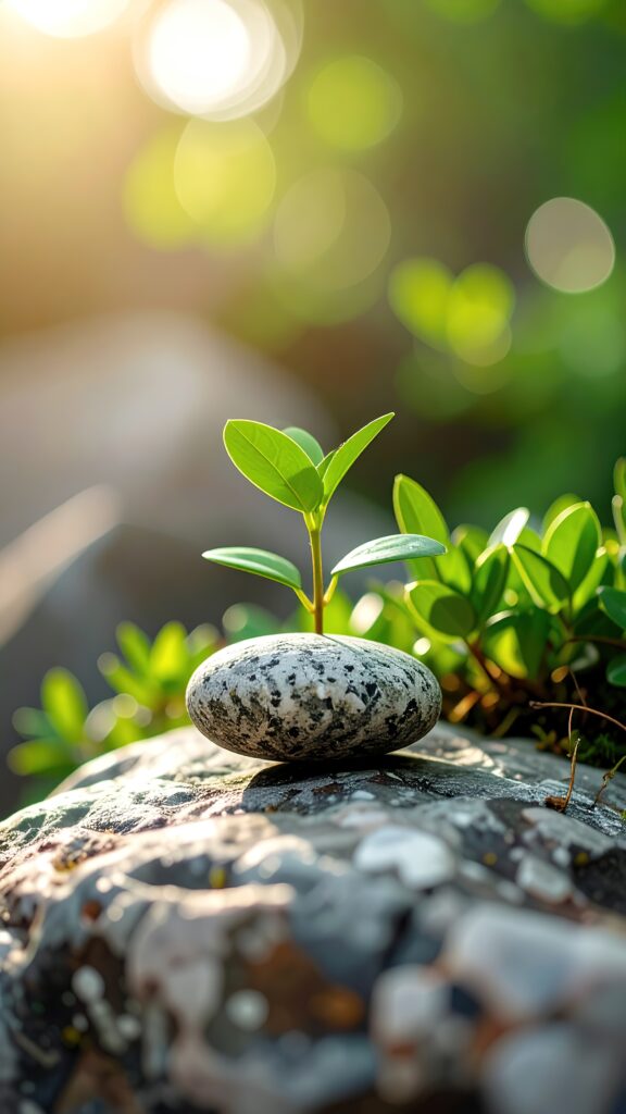 a small plant sprouts from a rock, bathed in the sunlight of a serene outdoor setting.