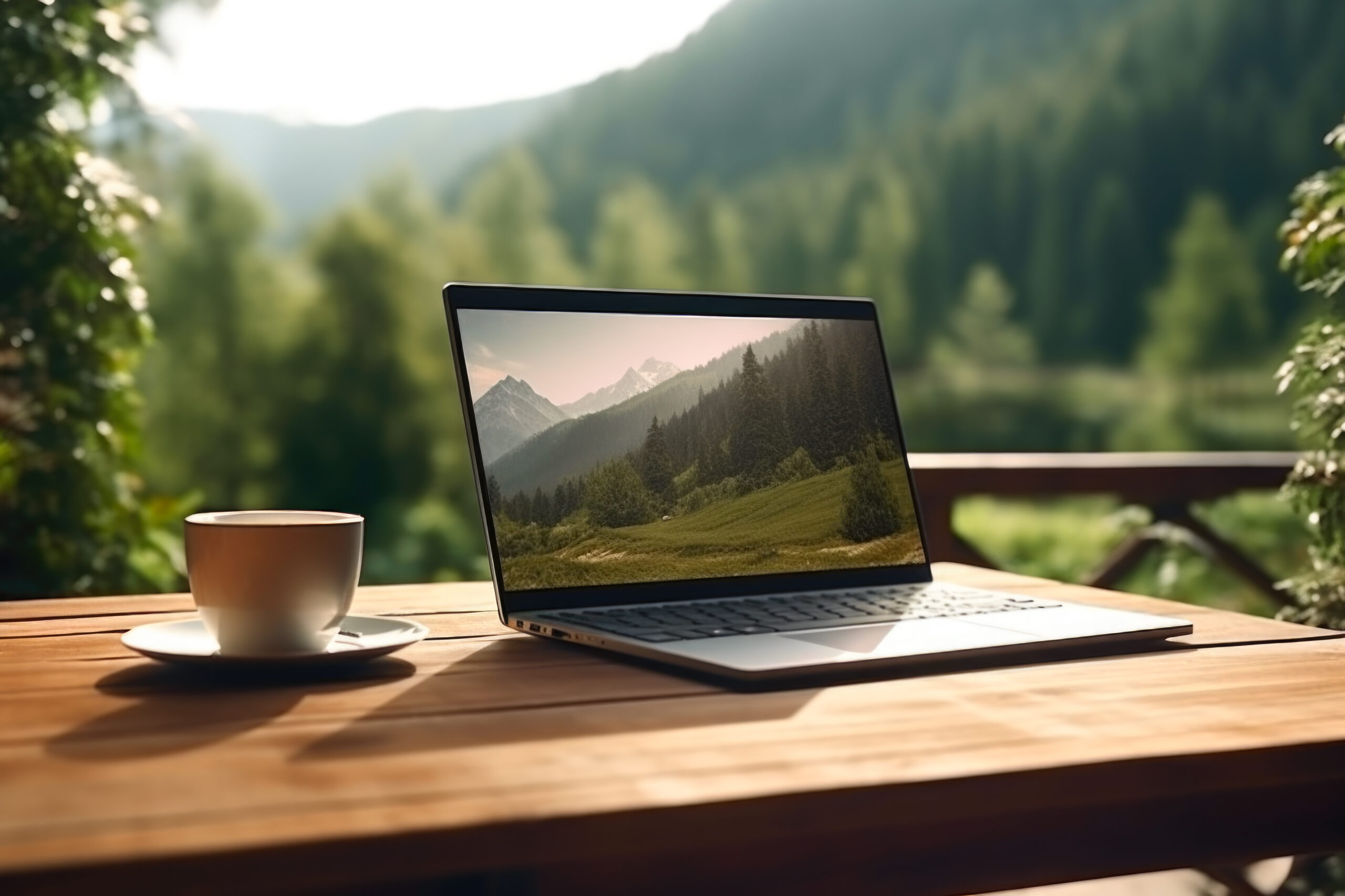 laptop and coffee cup on table with mountain view